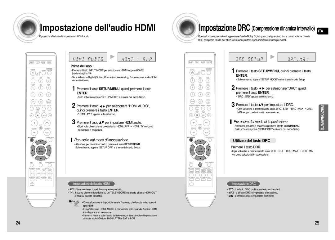 Samsung AV-R720R/XET Impostazione dellaudio Hdmi, Utilizzo del tasto DRC, Premere il tasto …† per impostare Hdmi audio 