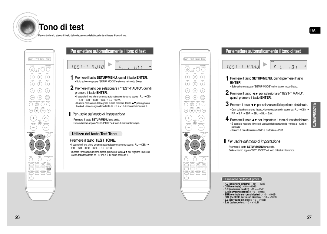 Samsung AV-R720R/XET Tono di test, Utilizzo del tasto Test Tone, Premere il tasto Test Tone, Emissione del tono di prova 