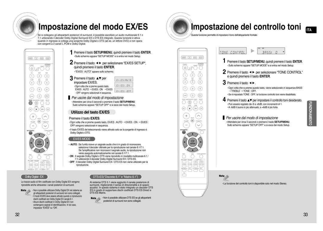 Samsung AV-R720R/XET manual Impostazione del modo EX/ES, Utilizzo del tasto EX/ES, Premere il tasto …† per impostare EX/ES 