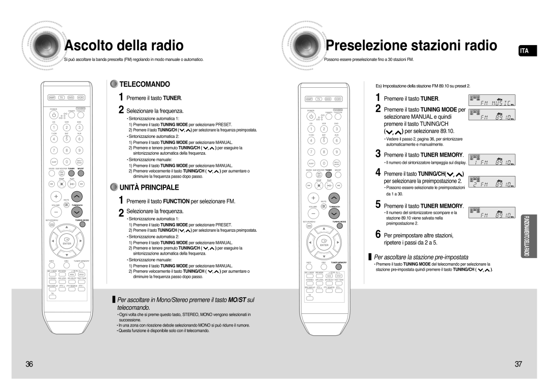 Samsung AV-R720R/XET Ascolto della radio, Premere il tasto Tuner Selezionare la frequenza, Premere il tasto Tuner Memory 