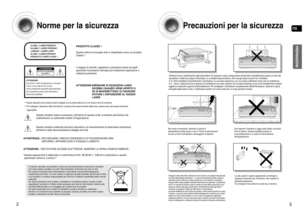 Samsung AV-R720R/XET manual Norme per la sicurezza Precauzioni per la sicurezza ITA 