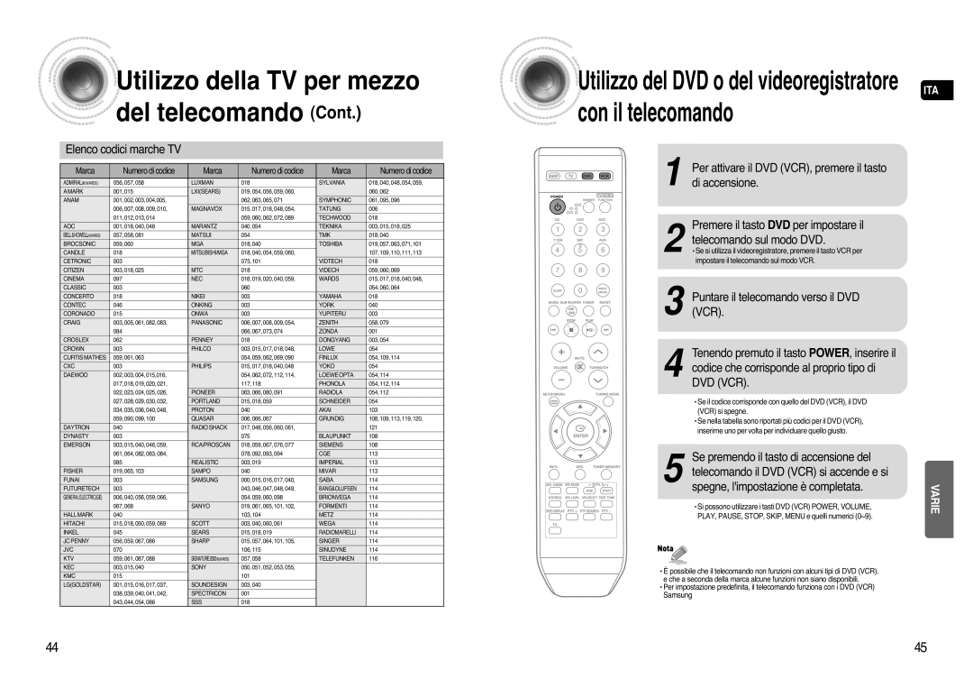 Samsung AV-R720R/XET manual Con il telecomando, Elenco codici marche TV, Puntare il telecomando verso il DVD VCR, Marca 