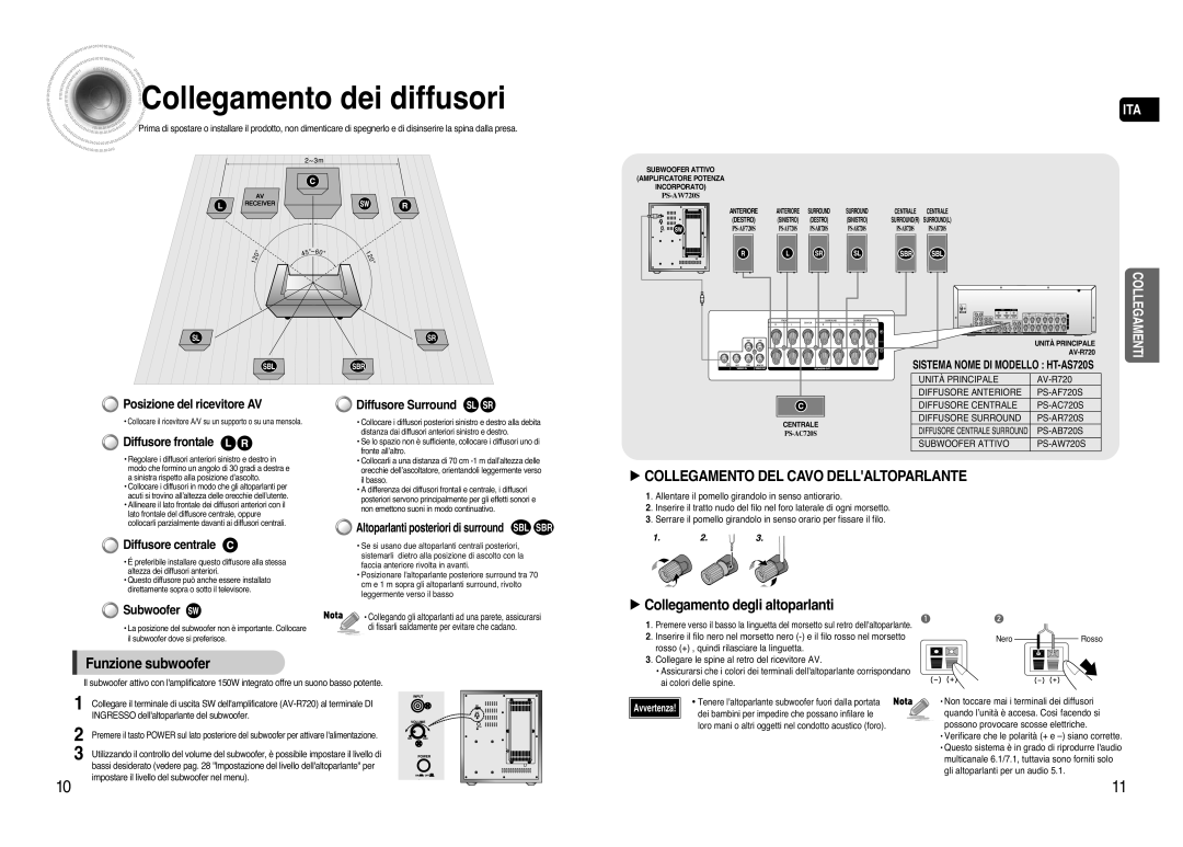 Samsung AV-R720R/XET manual Collegamento dei diffusori, Funzione subwoofer, √ Collegamento degli altoparlanti 