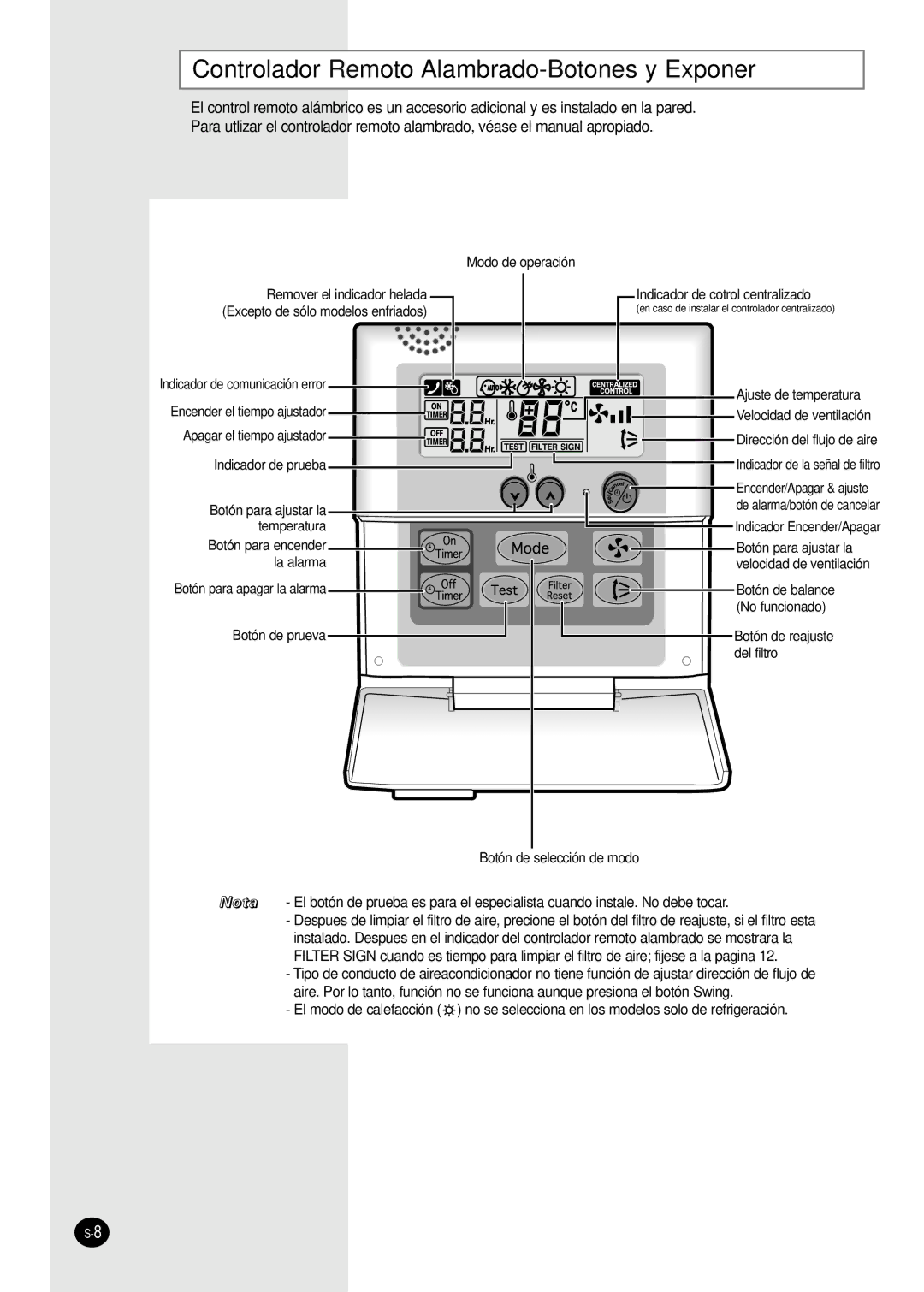 Samsung AVMBH072CA0, AVMBH070EA(B)0, AVMBH020EA(B)0, AVMBH026EA(B)0 Controlador Remoto Alambrado-Botones y Exponer 