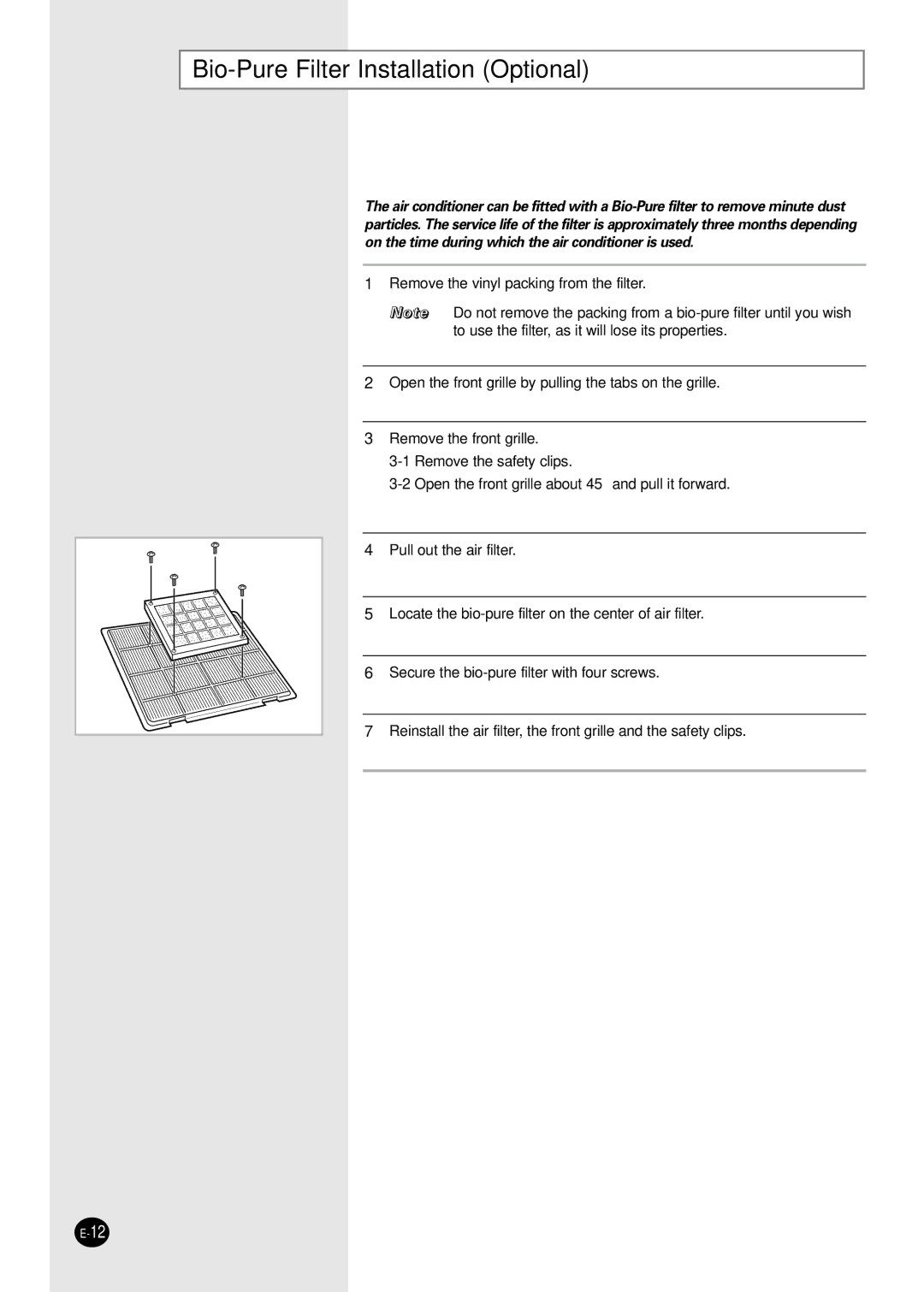 Samsung AVMCC105EA(B)0, AVMCC070EA(B)0, AVMCH070EA(B)0, AVMCH052EA(B)0, AVMCH105EA(B)0 Bio-Pure Filter Installation Optional 