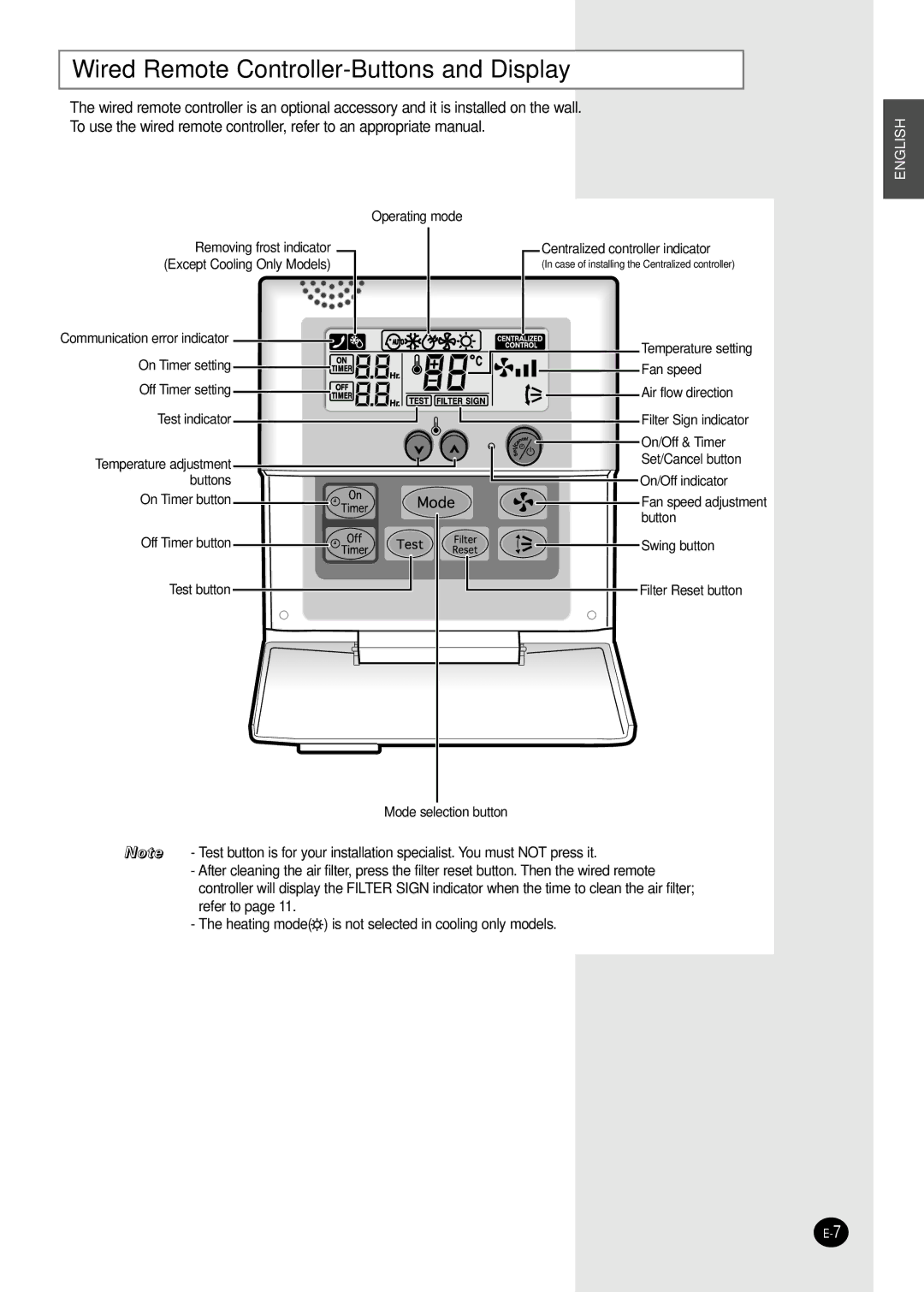 Samsung AVMCC070EA(B)0, AVMCC105EA(B)0, AVMCH070EA(B)0, AVMCH052EA(B)0 Wired Remote Controller-Buttons and Display 