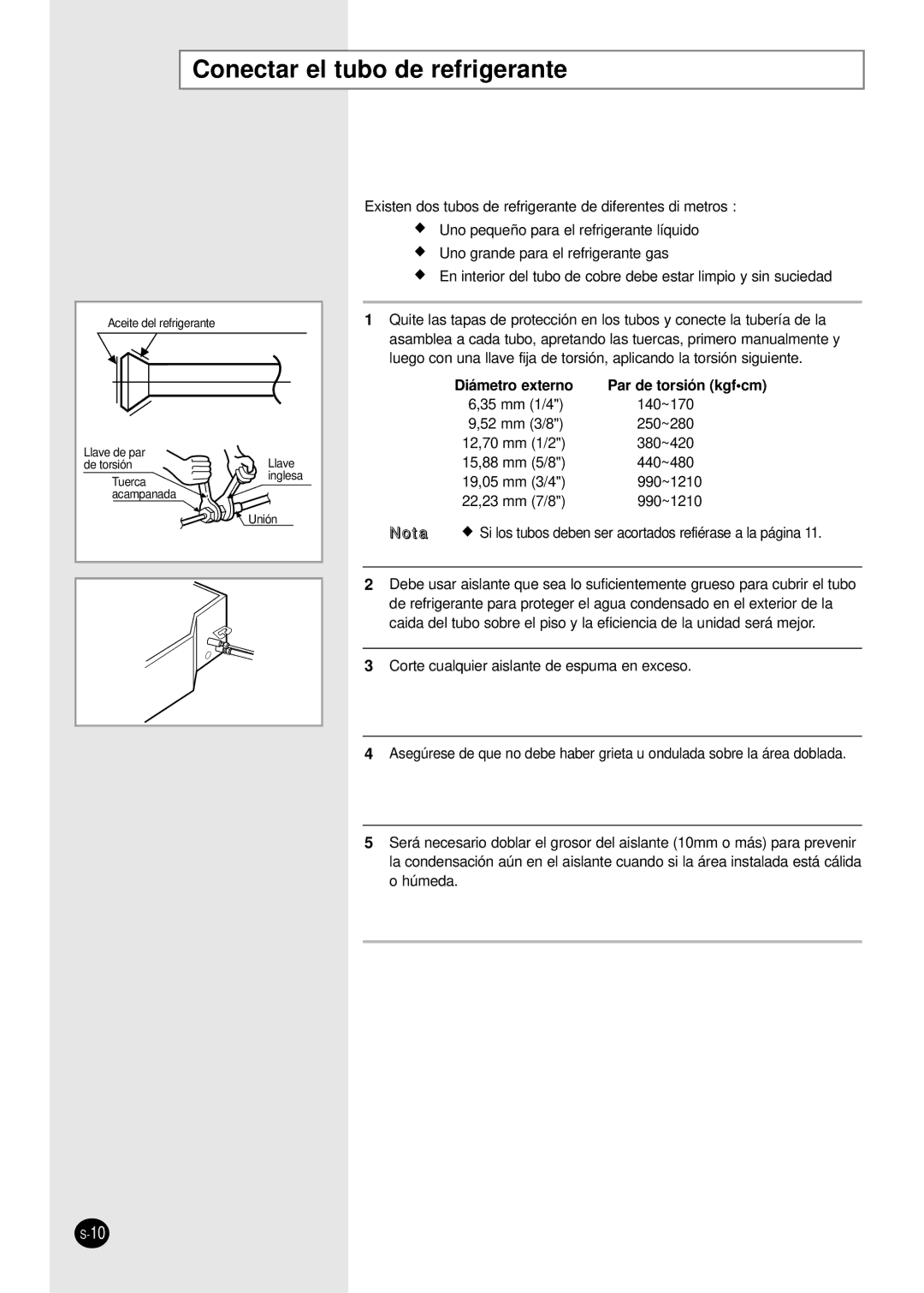 Samsung AVMCH052CA1 Conectar el tubo de refrigerante, Existen dos tubos de refrigerante de diferentes diámetros 