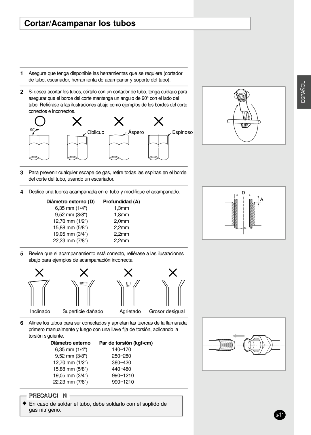 Samsung AVMCH105CA1, AVMCH052CA1, AVMCH128EA, AVMCH140CA1, AVMCH070EA Cortar/Acampanar los tubos, Diámetro externo D 