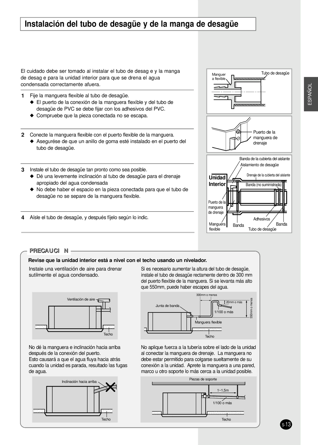 Samsung AVMCH140CA1, AVMCH052CA1, AVMCH105CA1, AVMCH128EA Instalación del tubo de desagüe y de la manga de desagüe, Unidad 