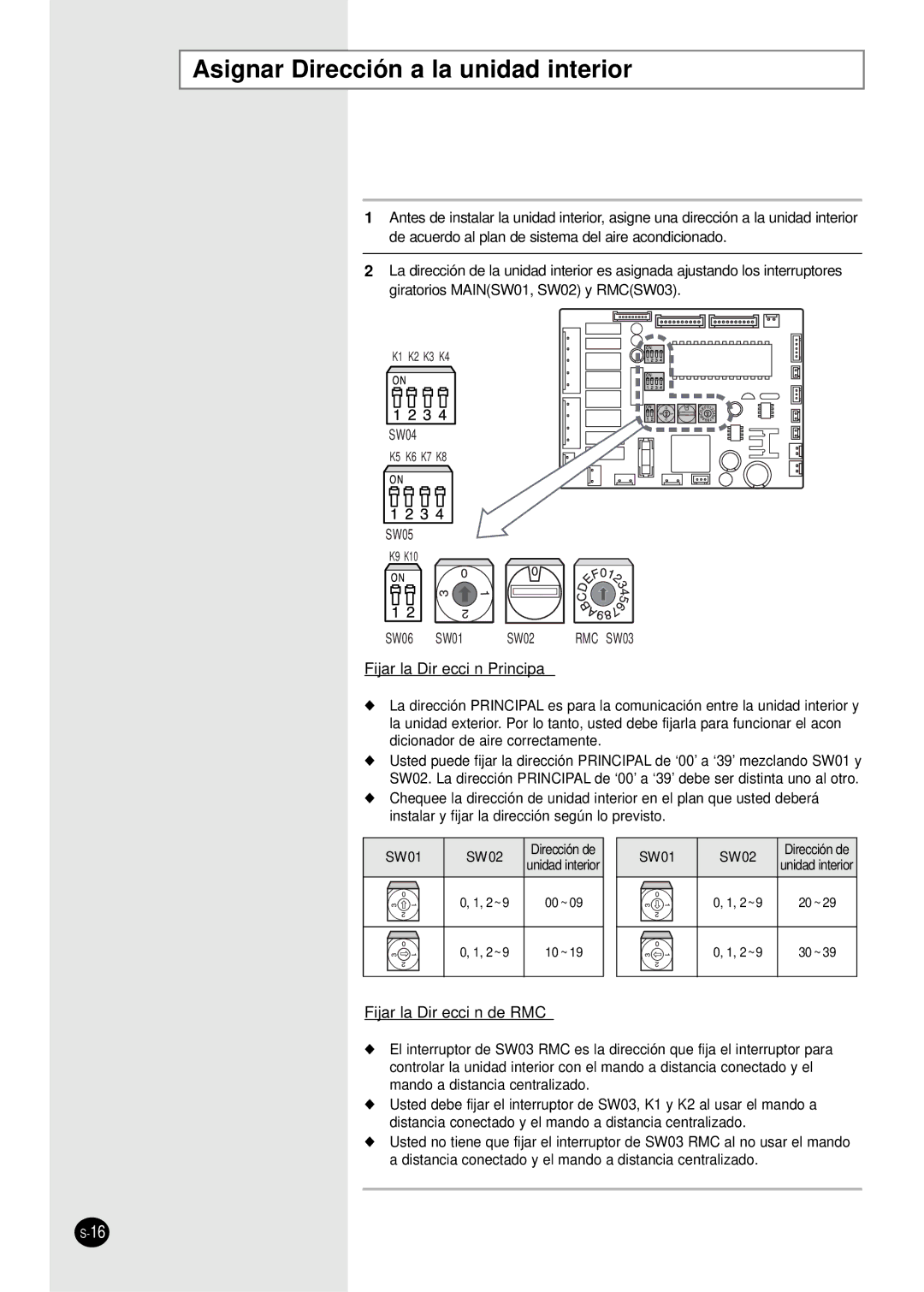 Samsung AVMCH140EA, AVMCH052CA1, AVMCH105CA1, AVMCH128EA Asignar Dirección a la unidad interior, Fijar la Dirección Principa 