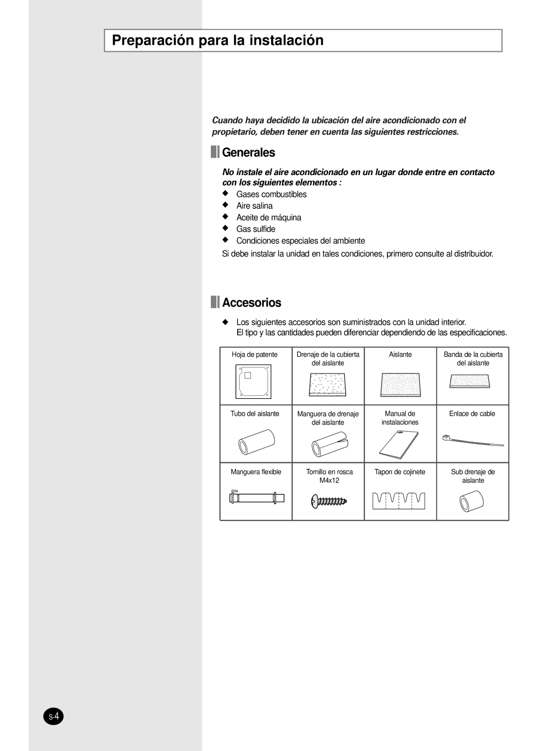 Samsung AVMCH070EA, AVMCH052CA1, AVMCH105CA1, AVMCH128EA, AVMCH140CA1 Preparación para la instalación, Generales, Accesorios 