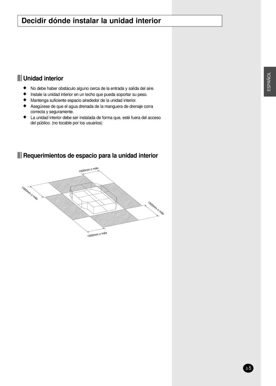 Samsung AVMCH128CA1, AVMCH052CA1, AVMCH105CA1, AVMCH128EA Decidir dónde instalar la unidad interior, Unidad interior 