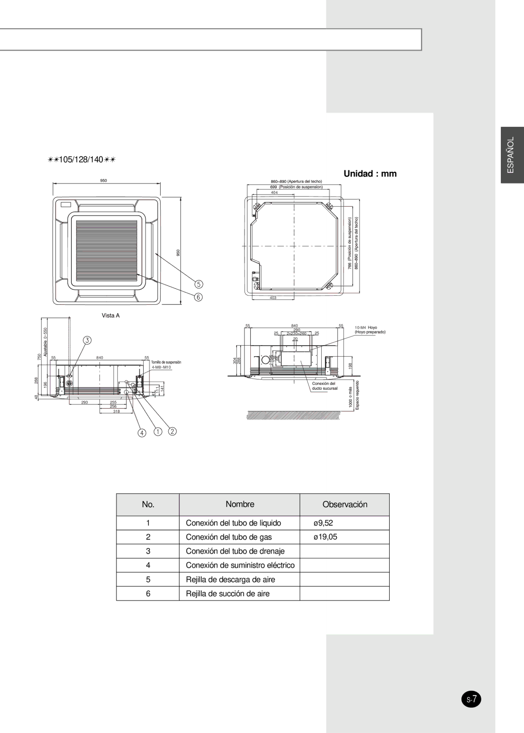 Samsung AVMCH052EA, AVMCH052CA1, AVMCH105CA1, AVMCH128EA, AVMCH140CA1, AVMCH070EA, AVMCH128CA1, AVMCH140EA, AVMCH105EA Unidad mm 