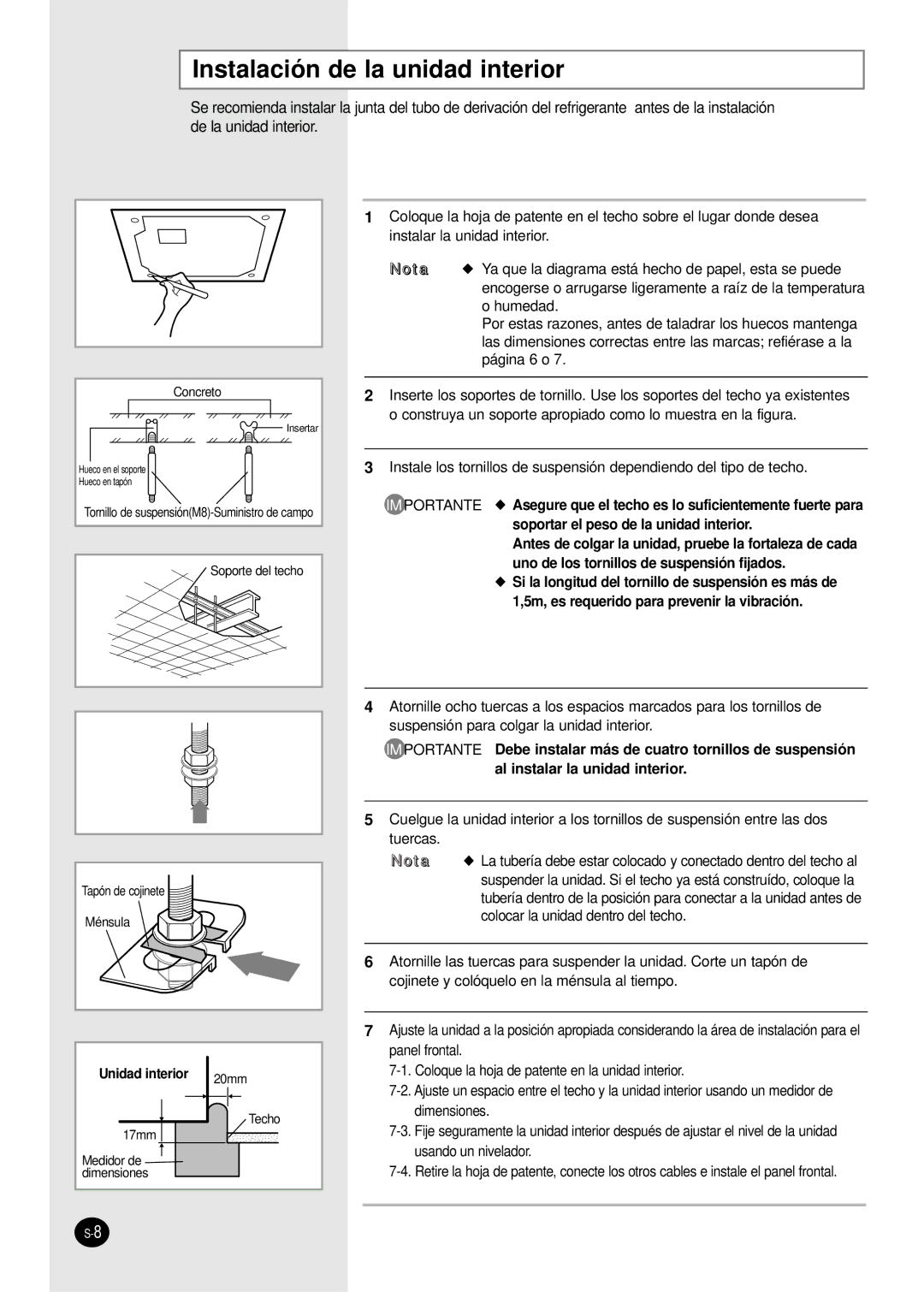 Samsung AVMCH105EA, AVMCH052CA1, AVMCH105CA1, AVMCH128EA, AVMCH140CA1 Instalación de la unidad interior, Unidad interior 