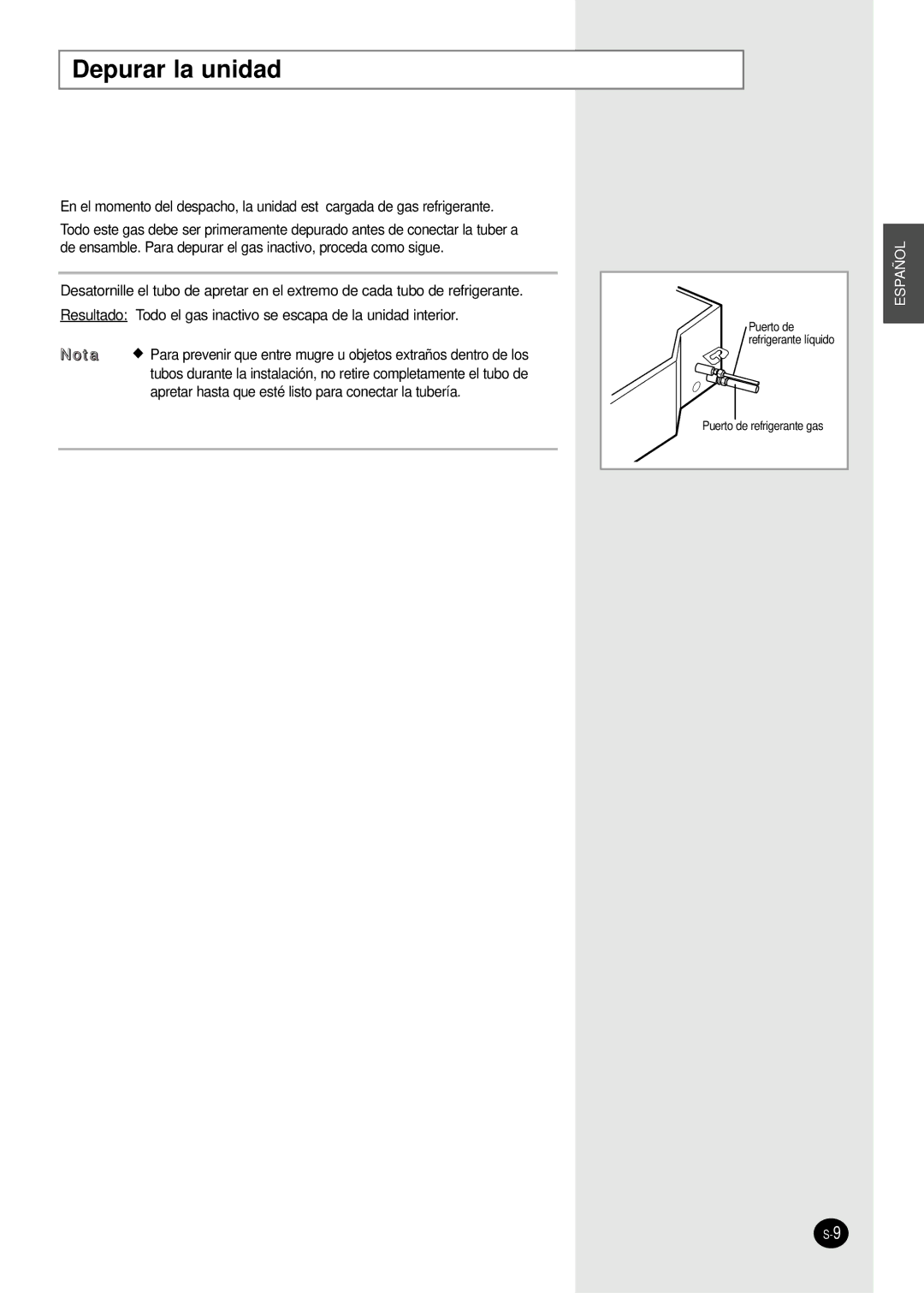 Samsung AVMCH072CA1, AVMCH052CA1, AVMCH105CA1, AVMCH128EA, AVMCH140CA1, AVMCH070EA, AVMCH128CA1, AVMCH140EA Depurar la unidad 