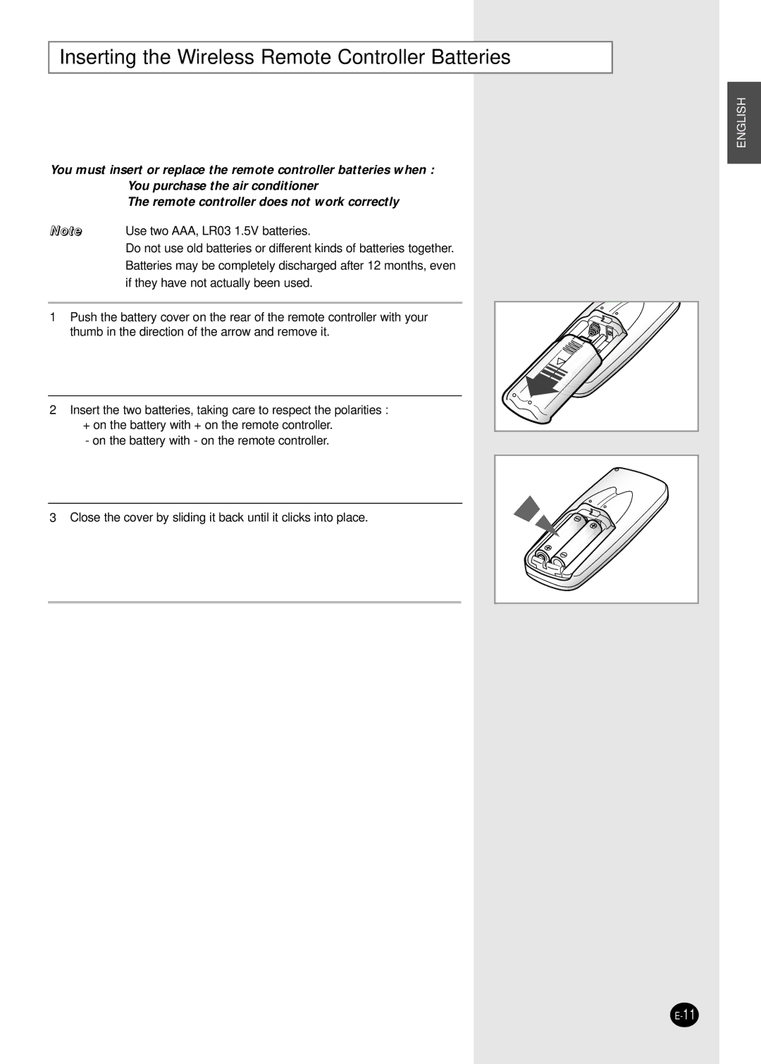 Samsung AVMDH070EA(B)0, AVMDH052CA0, AVMHC128CA0, AVMHC128EA(B)0 Inserting the Wireless Remote Controller Batteries 