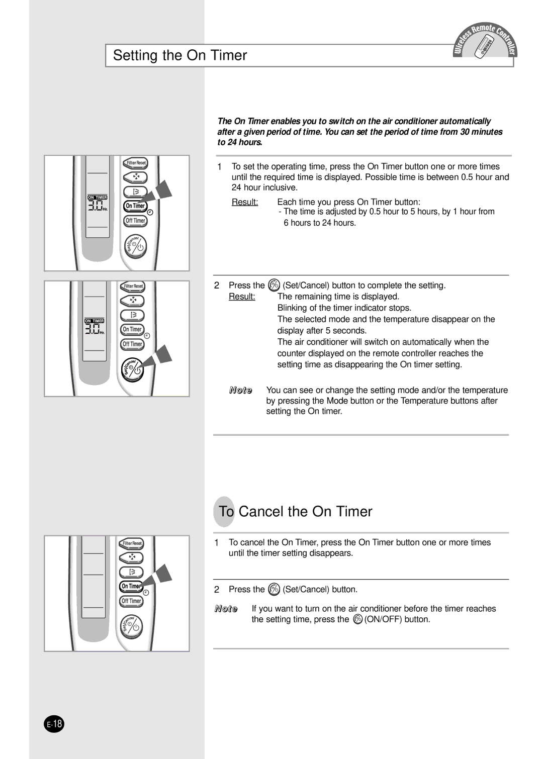 Samsung AVMHC128EA(B)0, AVMDH052CA0, AVMHC128CA0, AVMHH128CA0, AVMHC105EA(B)0 Setting the On Timer, To Cancel the On Timer 