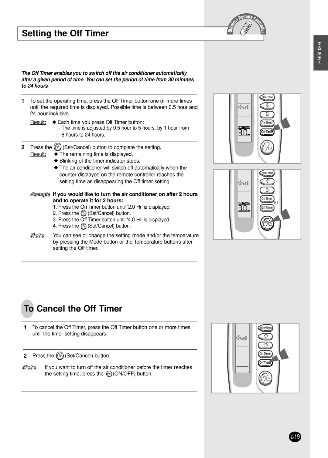 Samsung AVMHH128CA0, AVMDH052CA0, AVMHC128CA0, AVMHC128EA(B)0, AVMHC105EA(B)0 Setting the Off Timer, To Cancel the Off Timer 