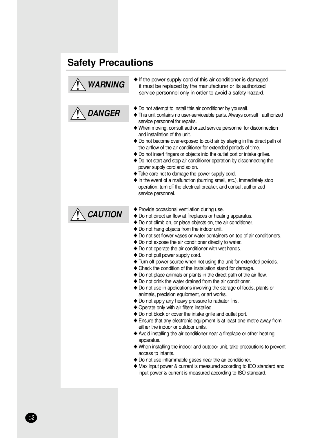 Samsung AVMHC128EA(B)0, AVMDH052CA0, AVMHC128CA0, AVMHH128CA0, AVMHC105EA(B)0, AVMHC105CA0, AVMHH105EA(B)0 Safety Precautions 