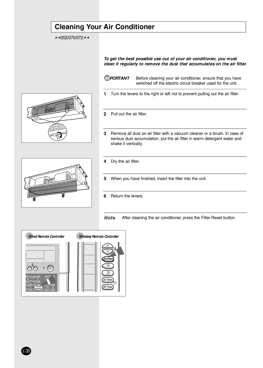 Samsung AVMDC052CA0, AVMDH052CA0, AVMHC128CA0, AVMHC128EA(B)0, AVMHH128CA0 Cleaning Your Air Conditioner, 052/070/072 