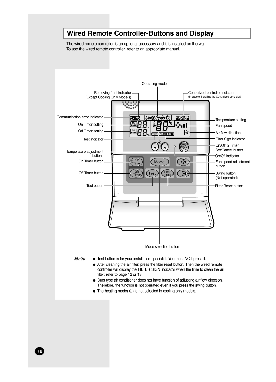 Samsung AVMDH(C) user manual Wired Remote Controller-Buttons and Display 