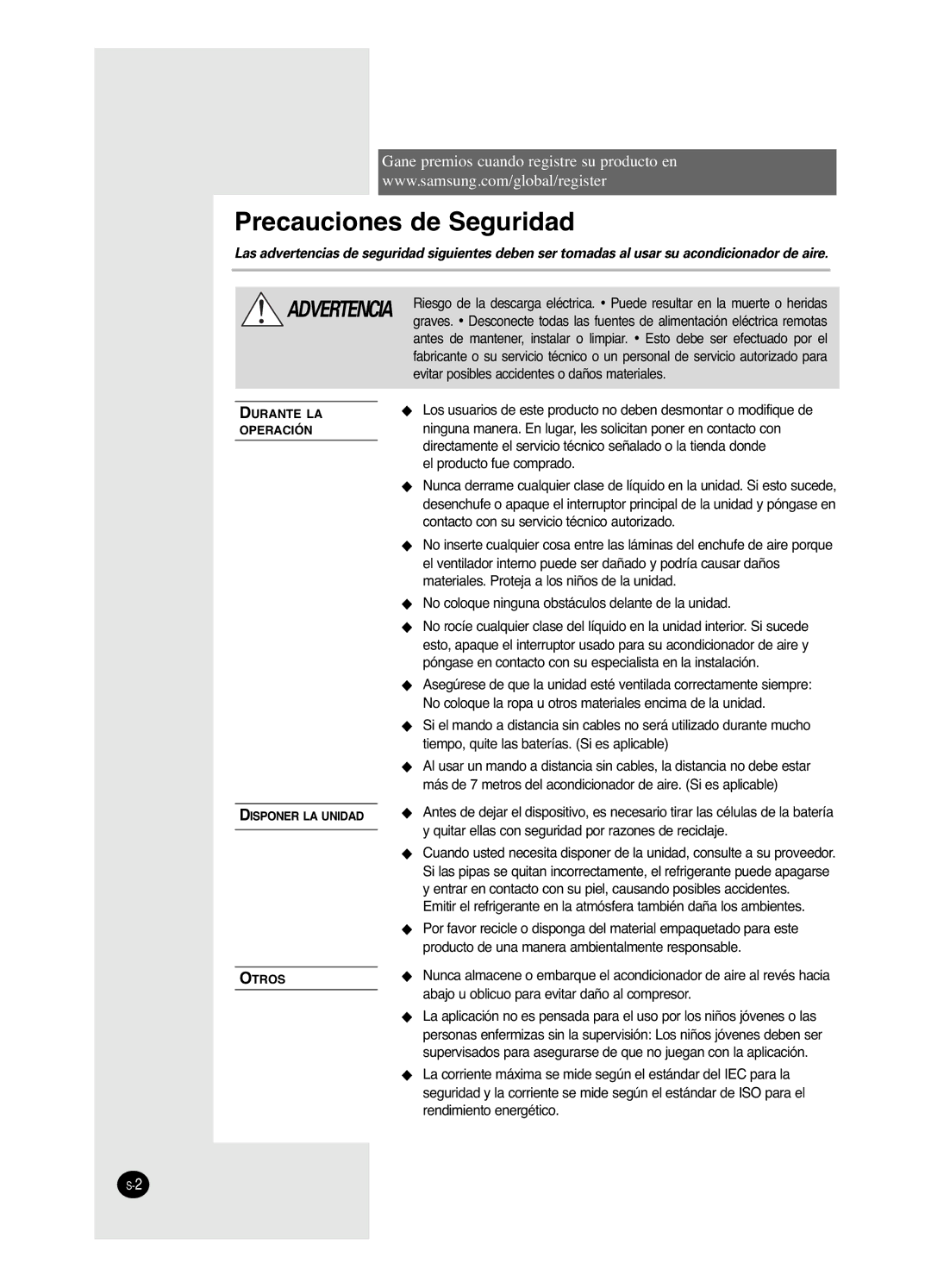 Samsung AVMHH(C) user manual Precauciones de Seguridad 