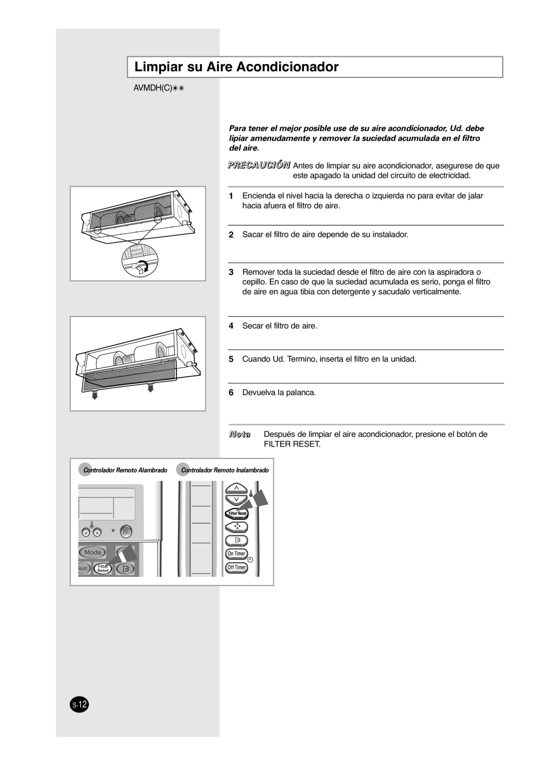 Samsung AVMHH(C) user manual Limpiar su Aire Acondicionador, Avmdhc 