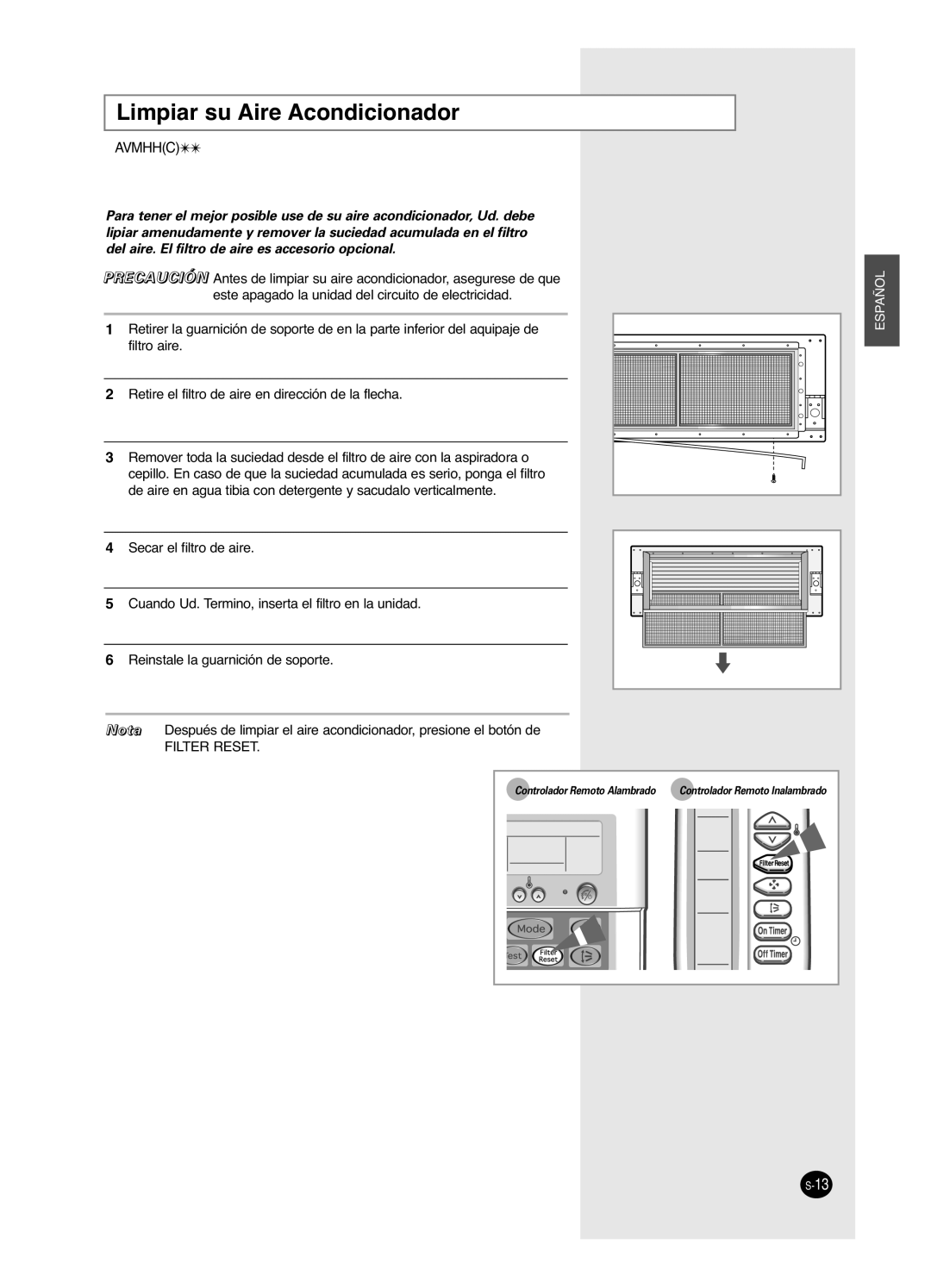 Samsung AVMHH(C) user manual Limpiar su Aire Acondicionador, Avmhhc, Español 