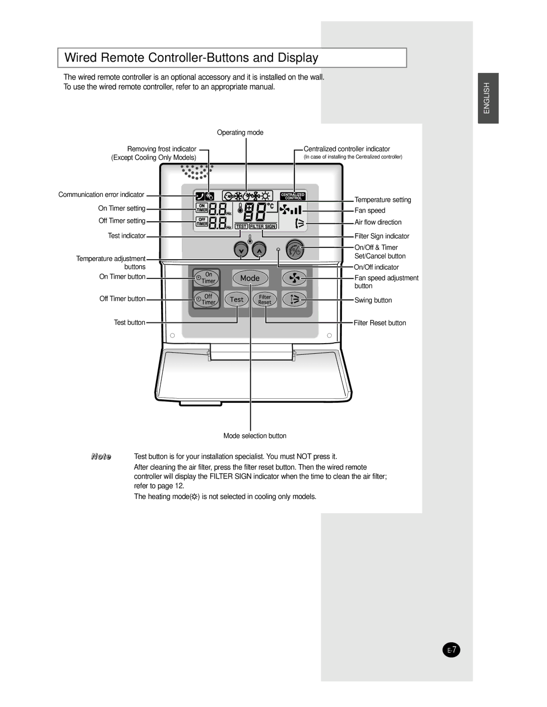 Samsung AVMKH020EA(B)0, AVMKC035EA(B)0, AVMKC026EA(B)0, AVMKC020EA(B)0 Wired Remote Controller-Buttons and Display 