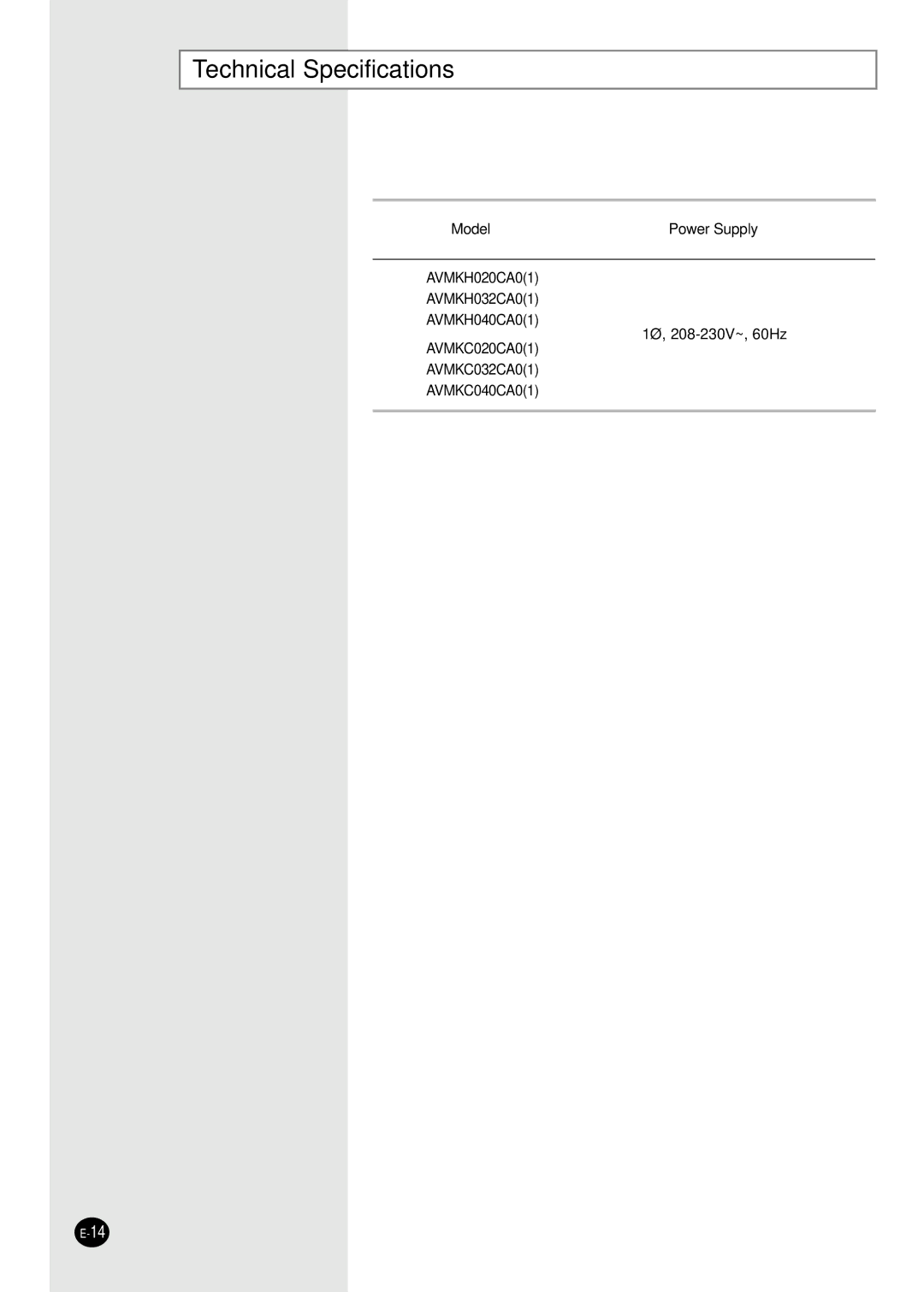 Samsung AVMKC040CA0(1), AVMKH020CA0(1), AVMKC032CA0(1), AVMKC020CA0(1), AVMKH040CA0(1) Technical Specifications, Model 