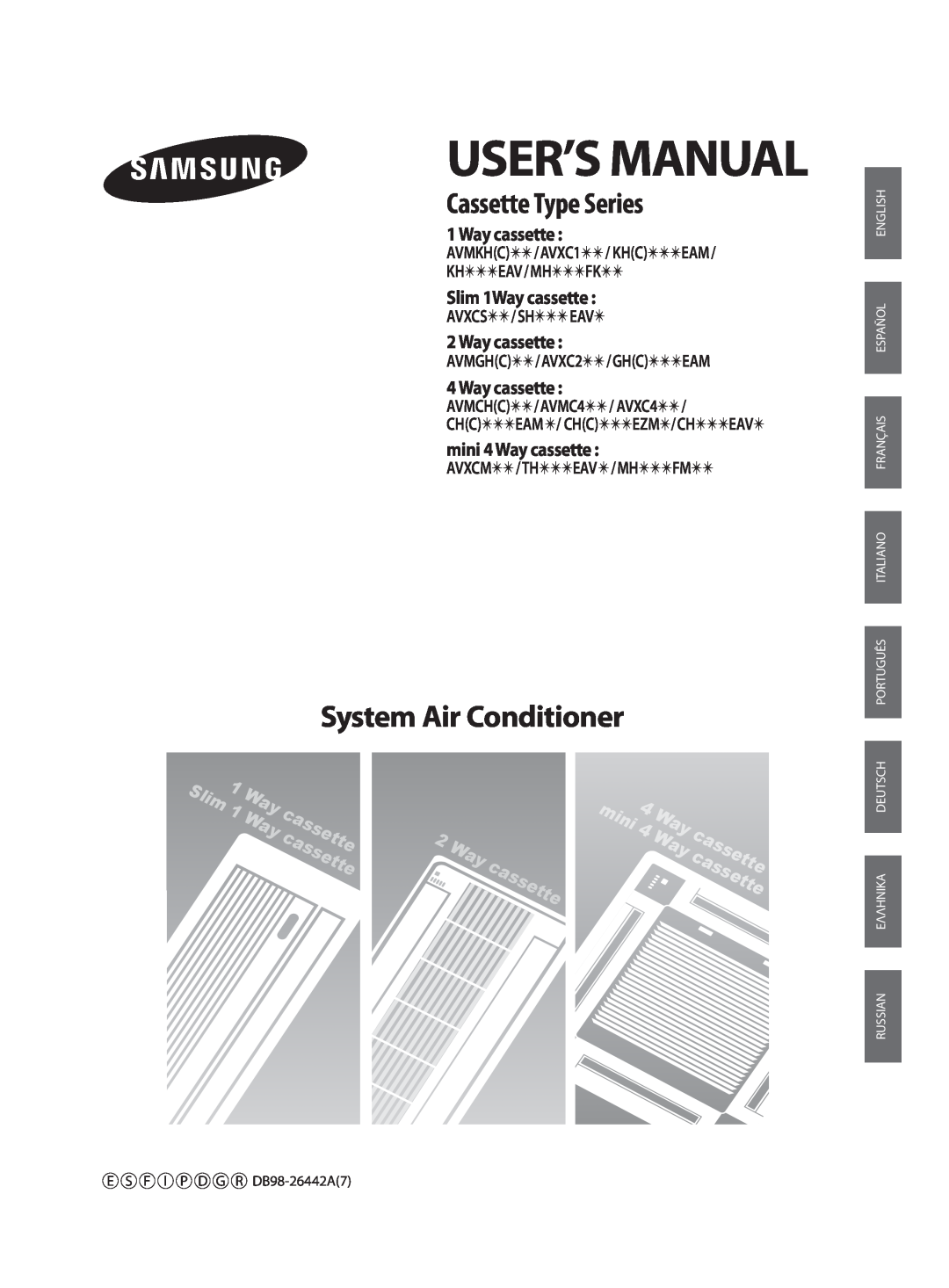 Samsung AVMCH(C)** user manual Cassette Type Series, Slim 1Way cassette, mini 4 Way cassette, Russianeλλhnika Deutsch 