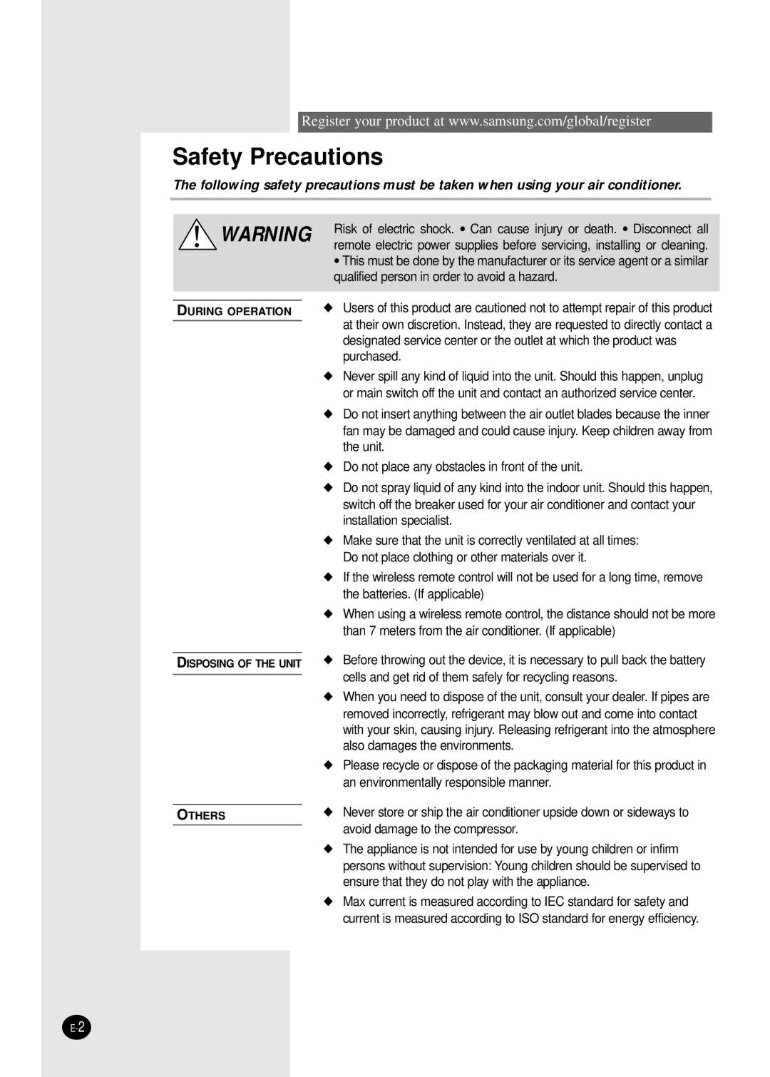 Samsung AVMWH032CA0, AVMWH020CA0, AVMWH040CA0, AVMWH070EA(B)0, AVMWH052EA(B)0, AVMWH026EA(B)0, AVMWC052CA0 Safety Precautions 