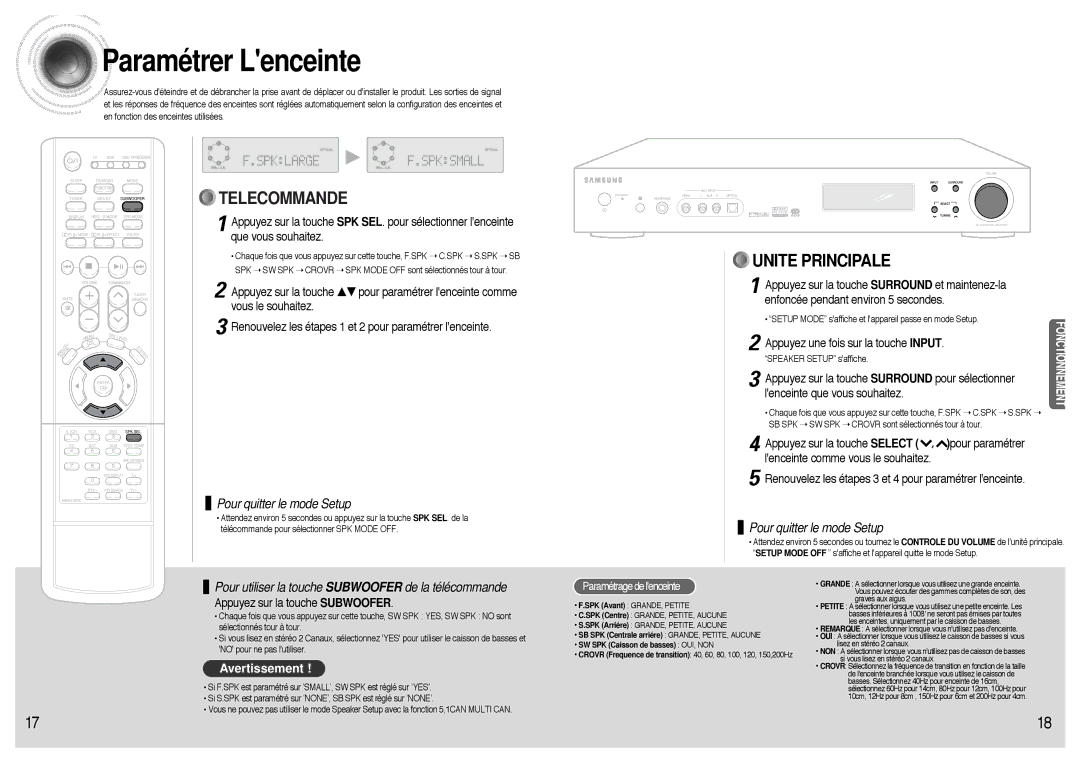 Samsung AVR700RH/ELS manual Paramétrer Lenceinte, Appuyez une fois sur la touche Input, Lenceinte que vous souhaitez 