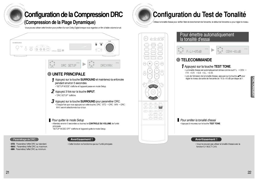 Samsung AVR700RH/ELS manual Appuyez sur la touche Test Tone, Appuyez 3 fois sur la touche Input, Paramétrage de DRC 