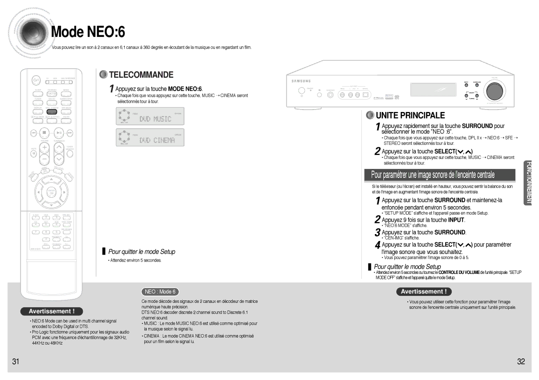 Samsung AVR700RH/ELS manual Appuyez sur la touche Mode NEO6, Appuyez 9 fois sur la touche Input, NEO Mode 