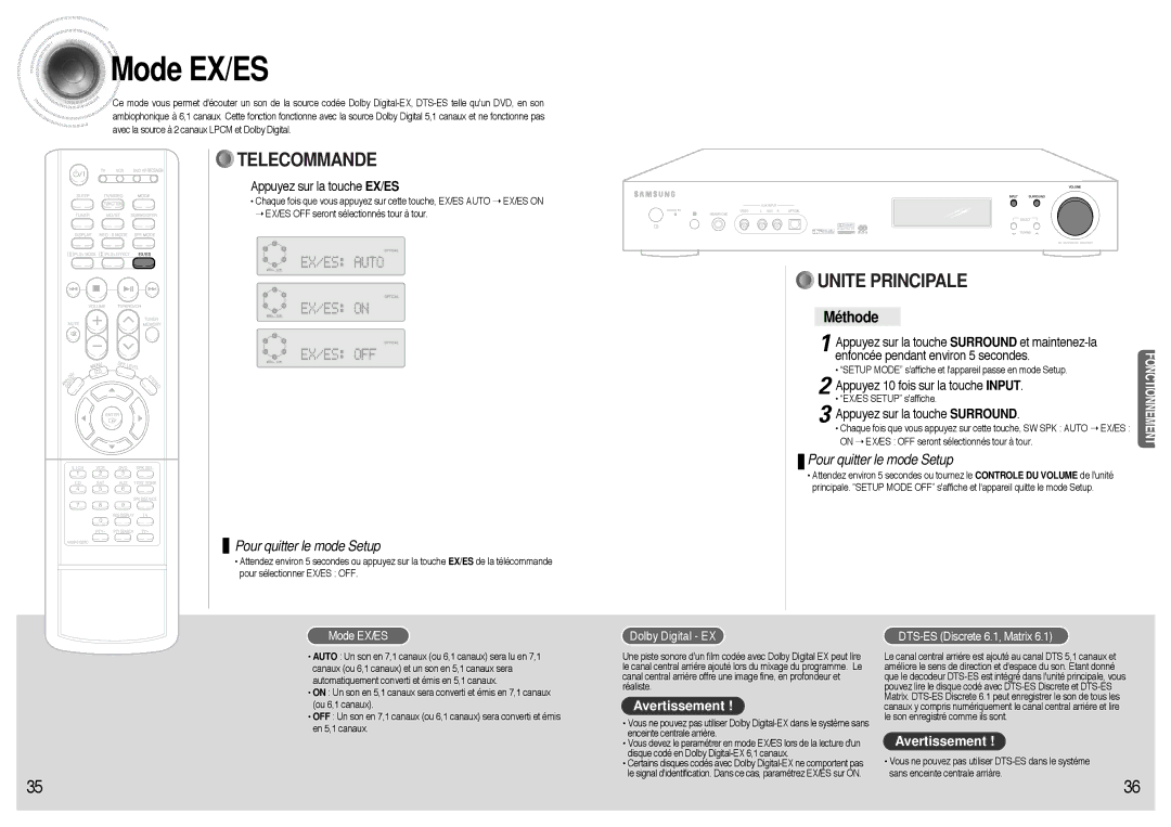 Samsung AVR700RH/ELS manual Mode EX/ES, Appuyez sur la touche EX/ES, Appuyez 10 fois sur la touche Input 