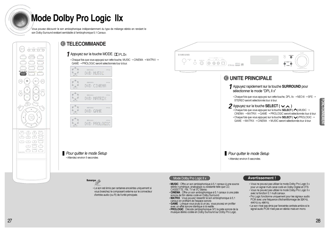 Samsung AVR700RH/ELS manual Mode Dolby Pro Logic llx, Appuyez sur la touche Mode, Appuyez sur la touche Select 