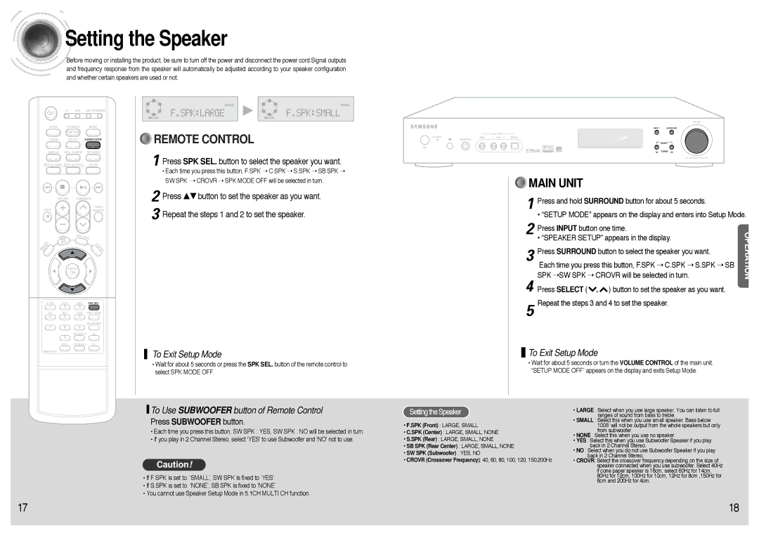 Samsung AVR700RH/ELS Setting the Speaker, Press SPK SEL. button to select the speaker you want, Press Subwoofer button 