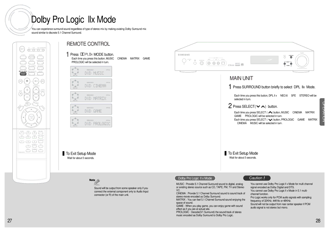 Samsung AVR700RH/ELS Dolby Pro Logic llx Mode, Press Mode button, Press Surround button briefly to select DPL llx Mode 