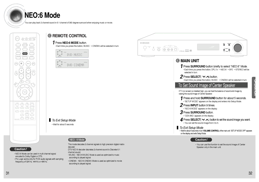 Samsung AVR700RH/ELS manual Press NEO6 Mode button, Press Select , button, Press Input button 9 times, NEO 6 Mode 