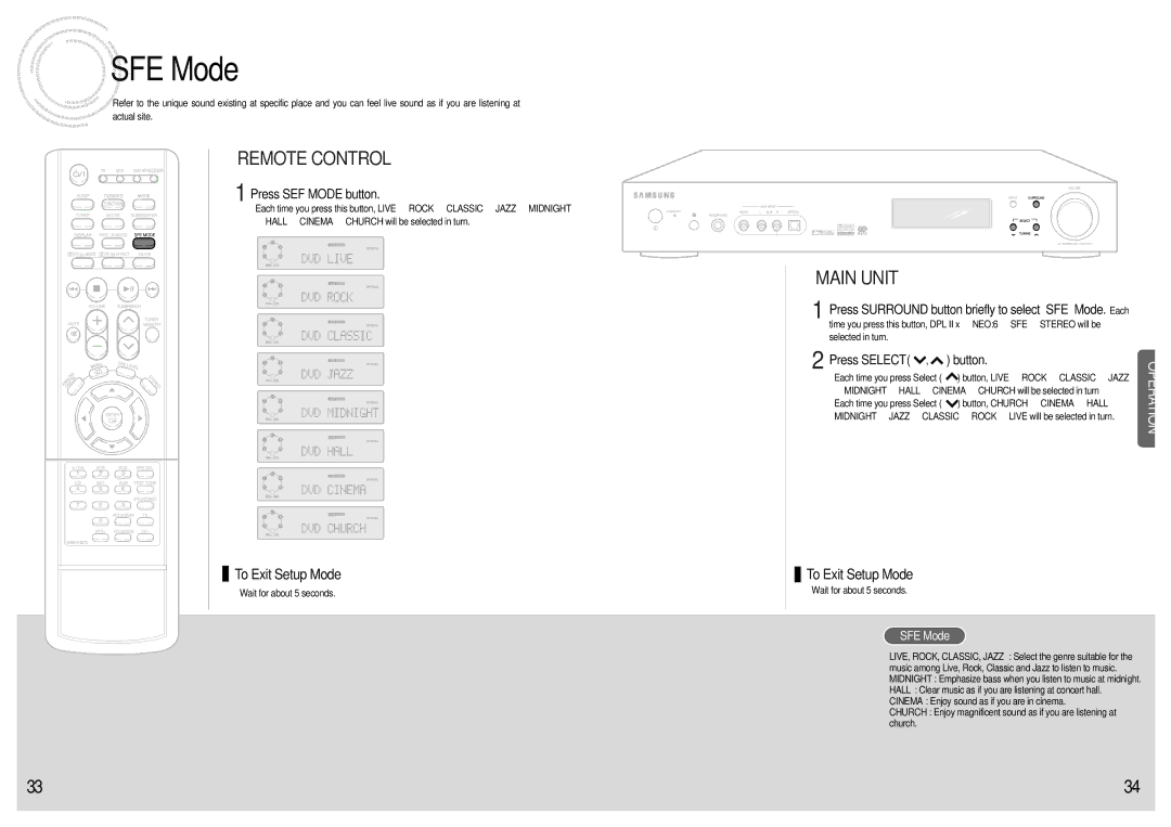 Samsung AVR700RH/ELS manual SFE Mode, Press SEF Mode button, Press Surround button briefly to select ‘SFE’ Mode. Each 