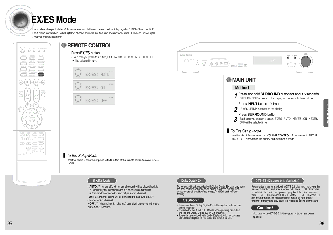 Samsung AVR700RH/ELS manual EX/ES Mode, Press EX/ES button, Press Input button 10 times 