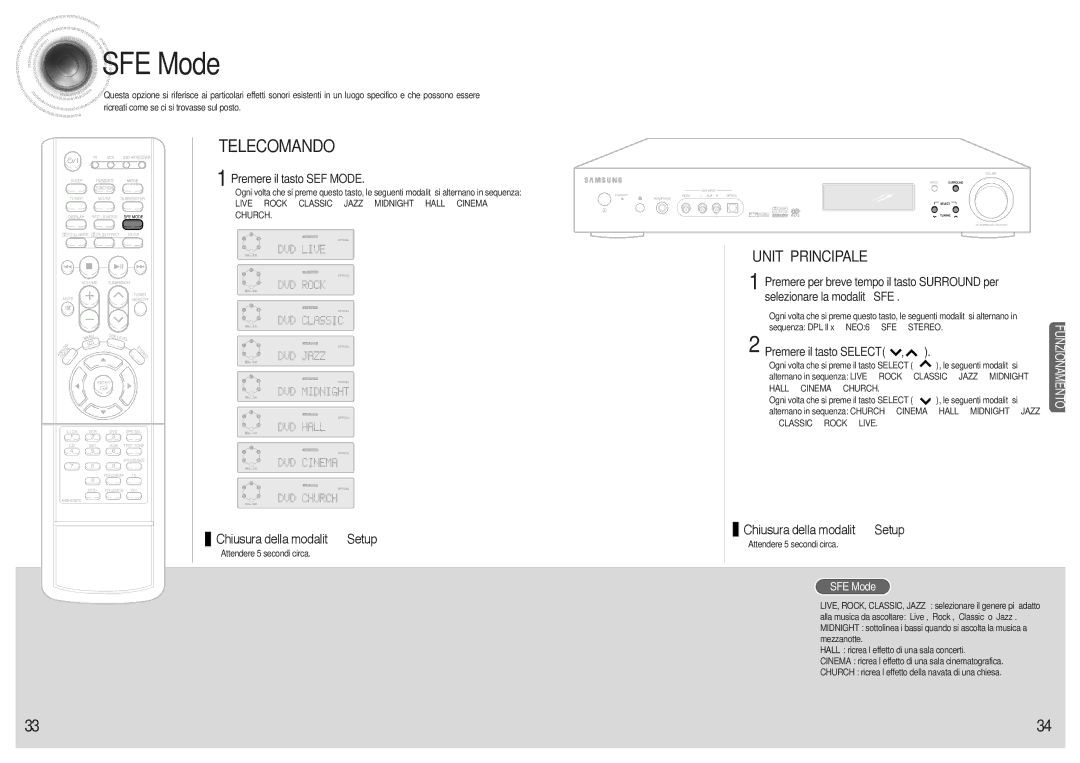 Samsung AVR700RH/ELS manual SFE Mode, Premere il tasto SEF Mode, Le seguenti modalità si 