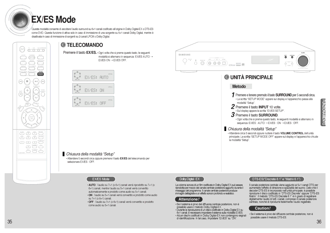 Samsung AVR700RH/ELS manual EX/ES Mode, Premere il tasto Input 10 volte, DolbyDigital-EX 