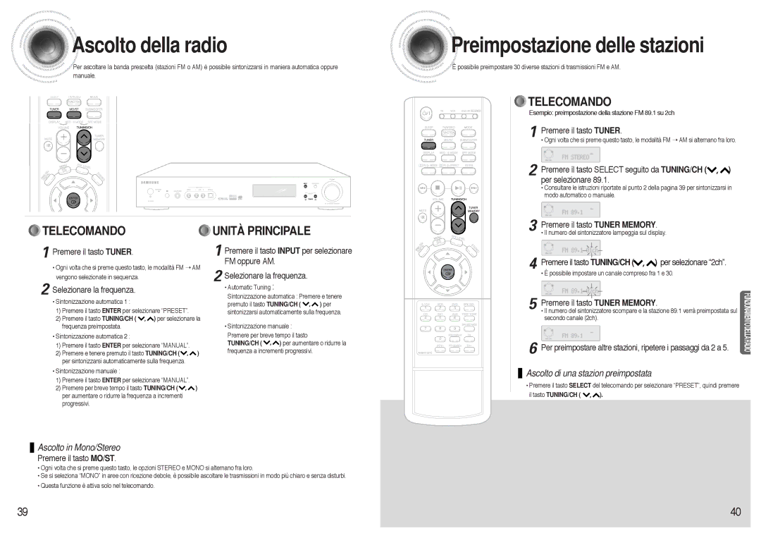 Samsung AVR700RH/ELS manual Ascolto della radio, Preimpostazione delle stazioni 