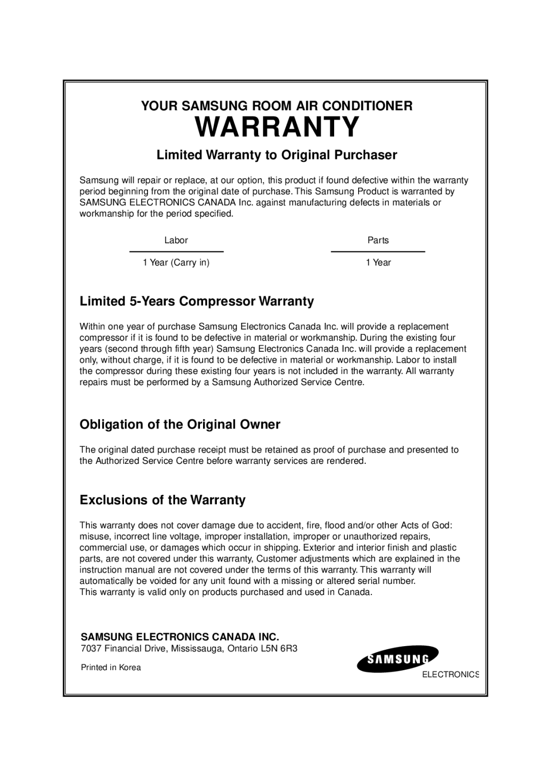 Samsung AW0500 AW0500A manual Limited Warranty to Original Purchaser, Limited 5-Years Compressor Warranty 