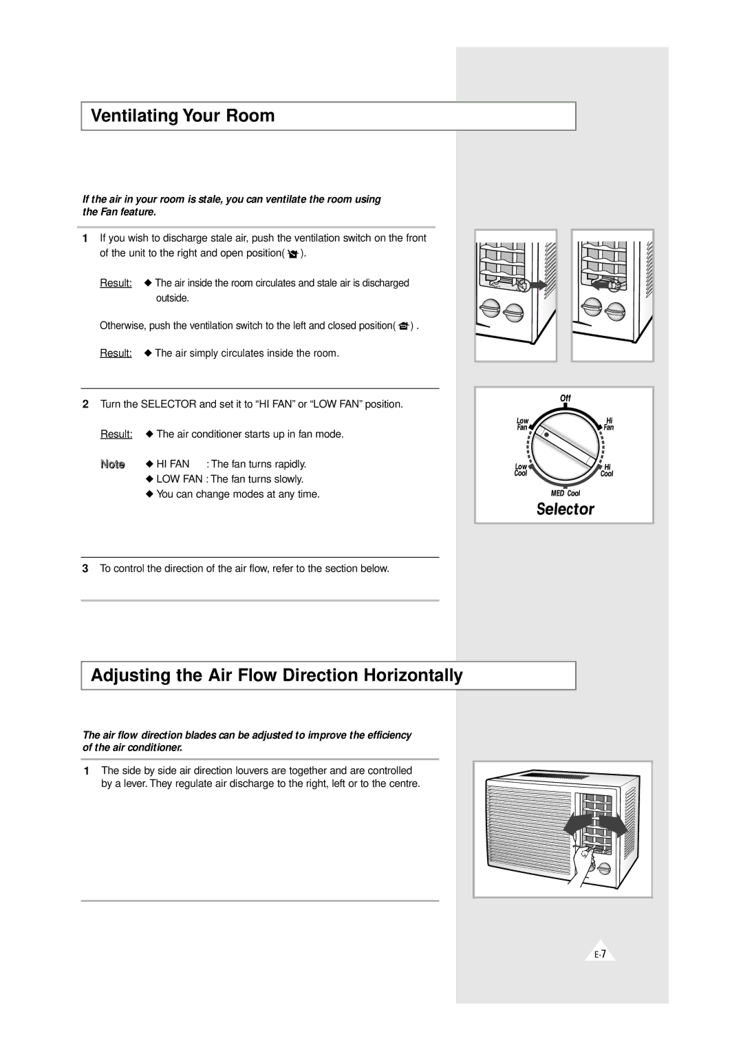 Samsung AW0500 AW0500A manual Ventilating Your Room, Adjusting the Air Flow Direction Horizontally 