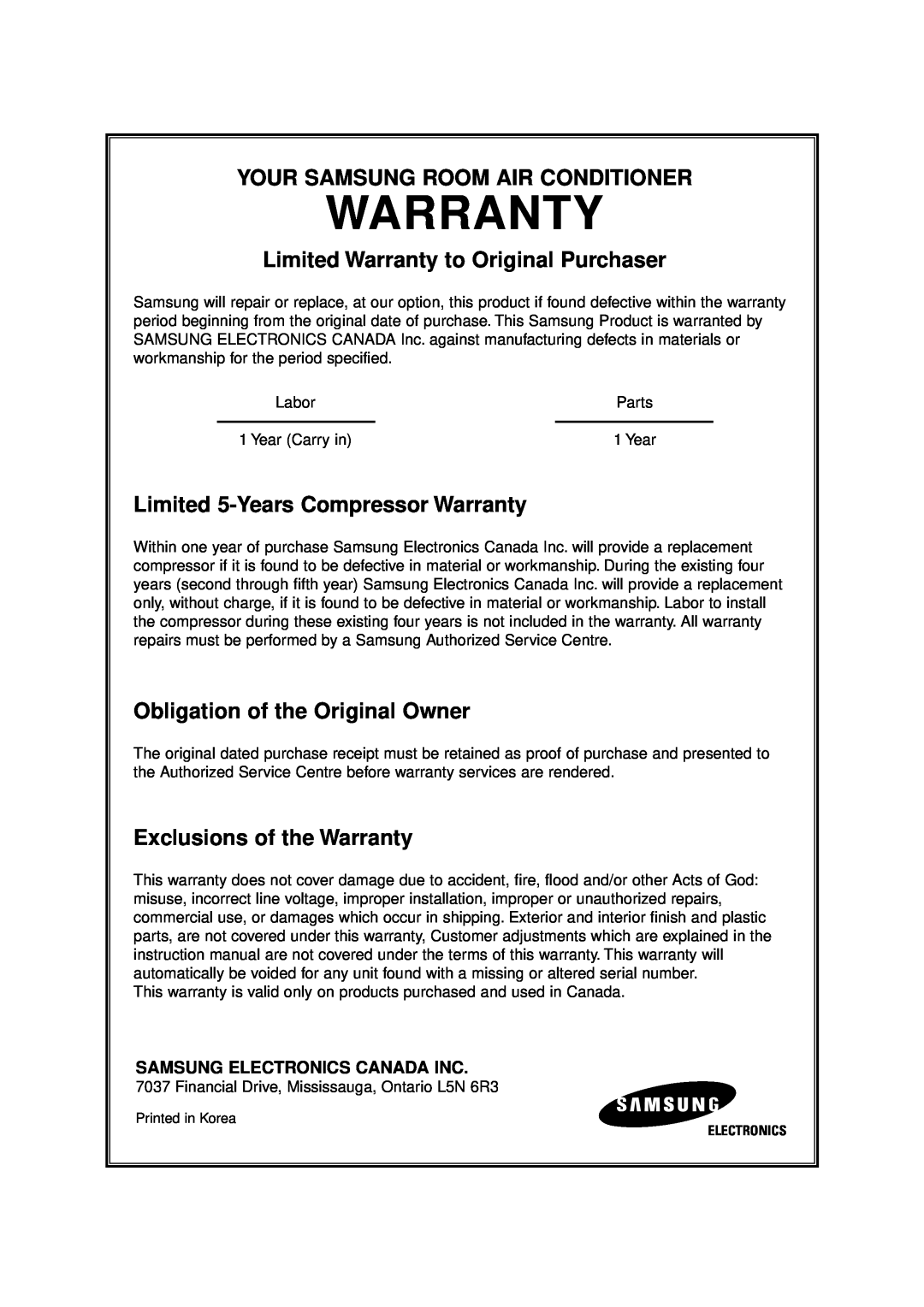 Samsung AW0500 AW0500A manual Your Samsung Room Air Conditioner, Limited Warranty to Original Purchaser 