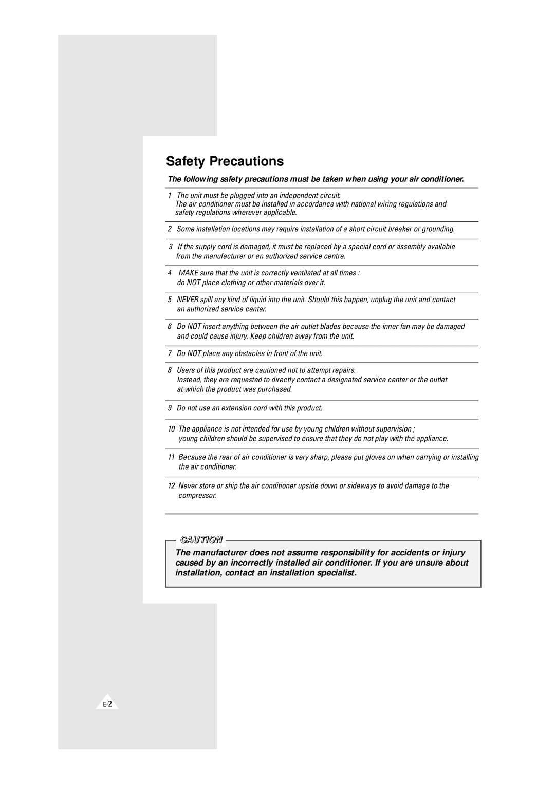 Samsung AW0500 AW0500A manual Safety Precautions 