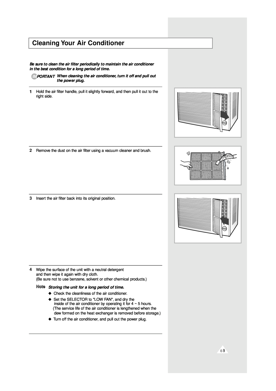 Samsung AW0500 AW0500A manual Cleaning Your Air Conditioner, Note Storing the unit for a long period of time 